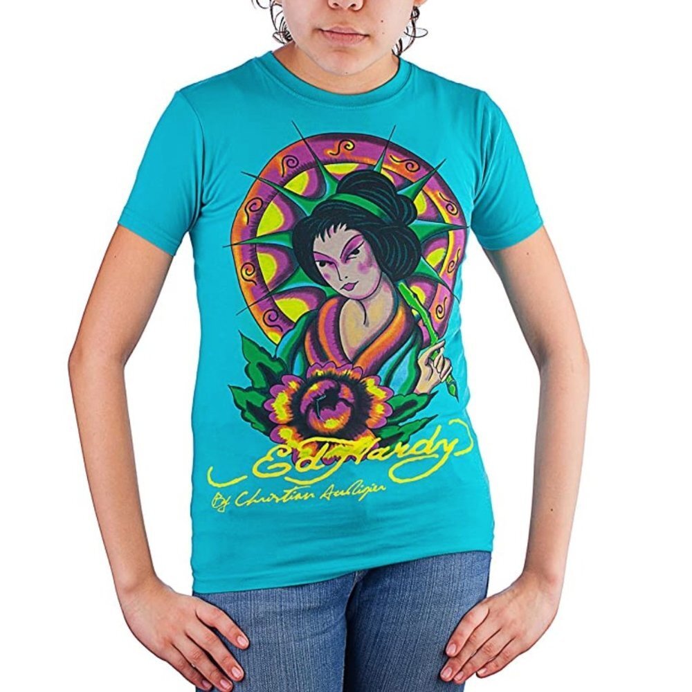 ED HARDY teal Geisha graphic tee, Girl S, NWT